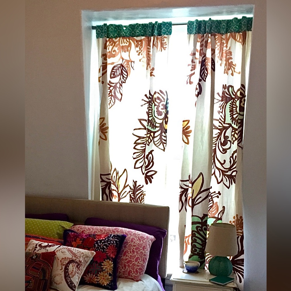 Anthropologie Floral Scroll Print Curtains in Teal, Brown, Orange